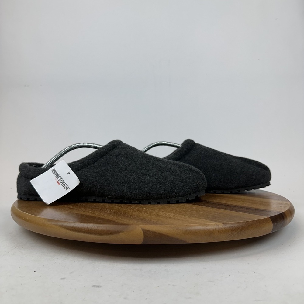 New Mens Minnetonka Neil Charcoal Wool Blend Slip On Indoor Clog Slipper Size 12